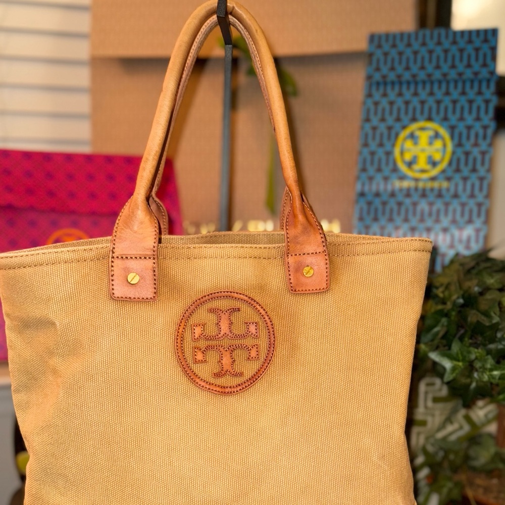 Tory Burch Tan Canvas with Leather Tote Bag